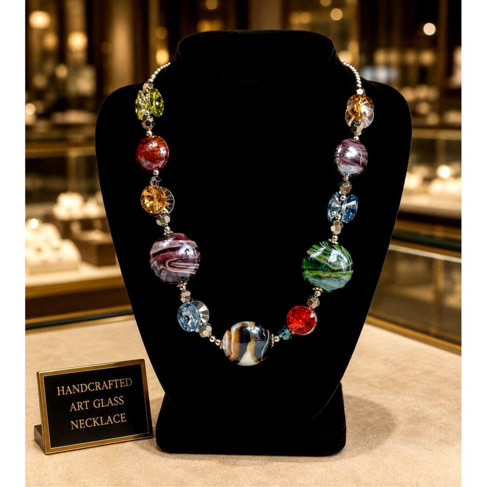 Artisan Lampwork Glass Statement Necklace Multicolor Beaded 18" + 3" Extender